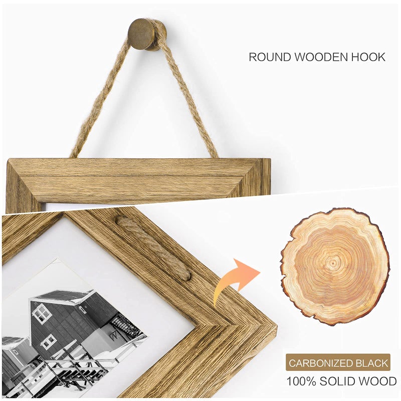 DLQuarts 5x7 Hanging Picture Frames Collage Wall Decor, 3-Frame Set, 3.5x5 with Mat or 5x7 Without Mat, Rustic Solid Wood Photo Frame Pack of 2 Carbonized Black - Image 2